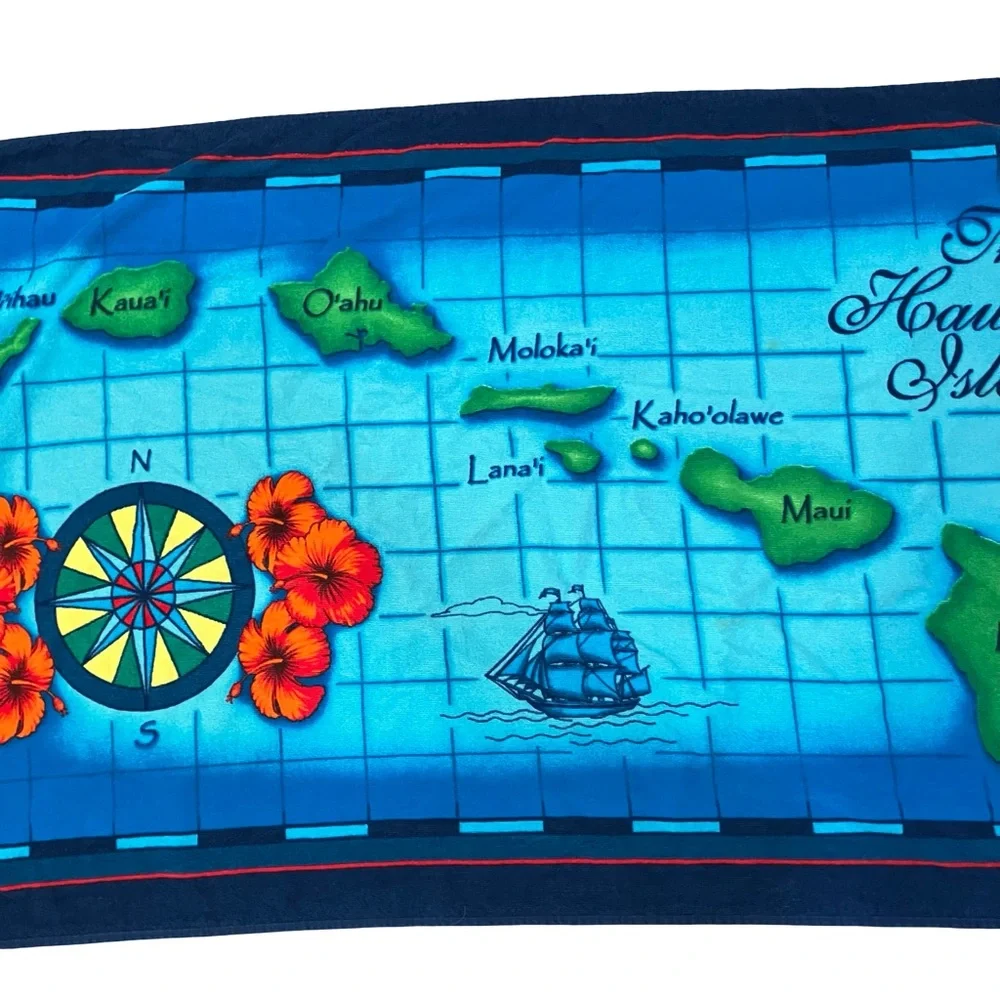 Hawaiian Islands Blue Beach Towels Pair Couples Vacation Map Bath
